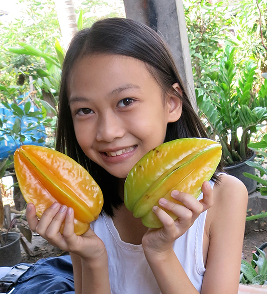 Rung’s daughter, Ploi, with a couple of perfectly ripe star fruits.
